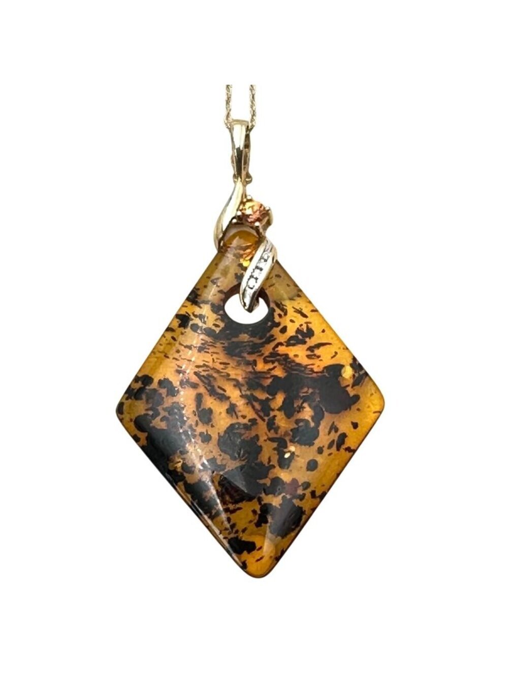 Unusual 14K Yellow Gold Amber Diamond Topaz Pendant 18" Chain Necklace 4.7 Grams